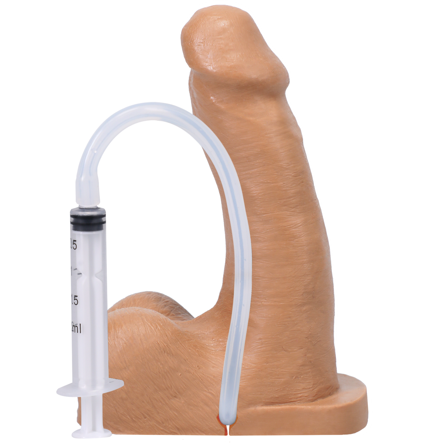 Flesh-toned Tantus Pop N’ Play Squirting Packer with a realistic, squeezable design.