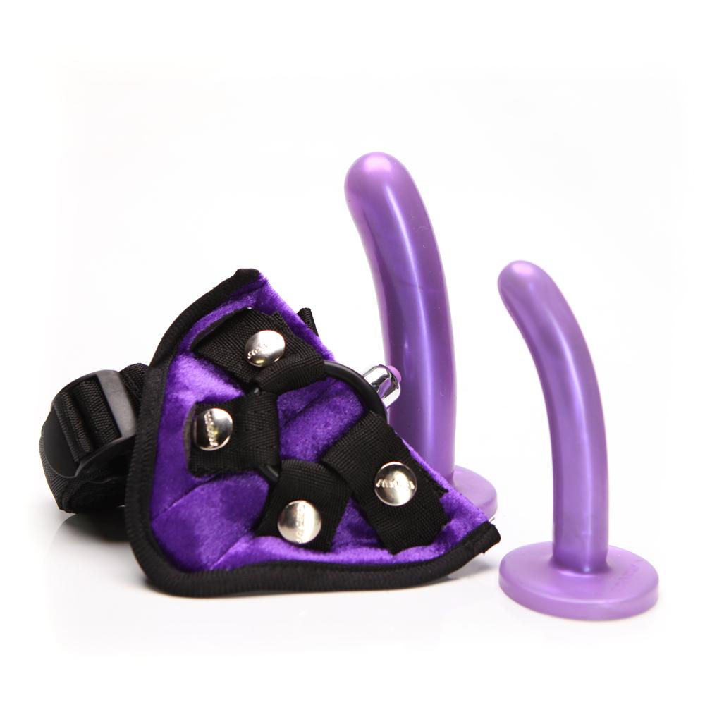 Black Tantus Bend Over Beginner Kit with an adjustable harness and two silicone dildos.