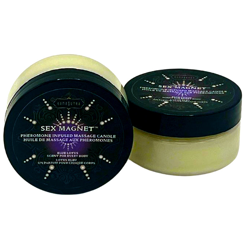 Blue Kama Sutra SEX MAGNET Pheromone Massage Candle with a Blue Lotus aroma.