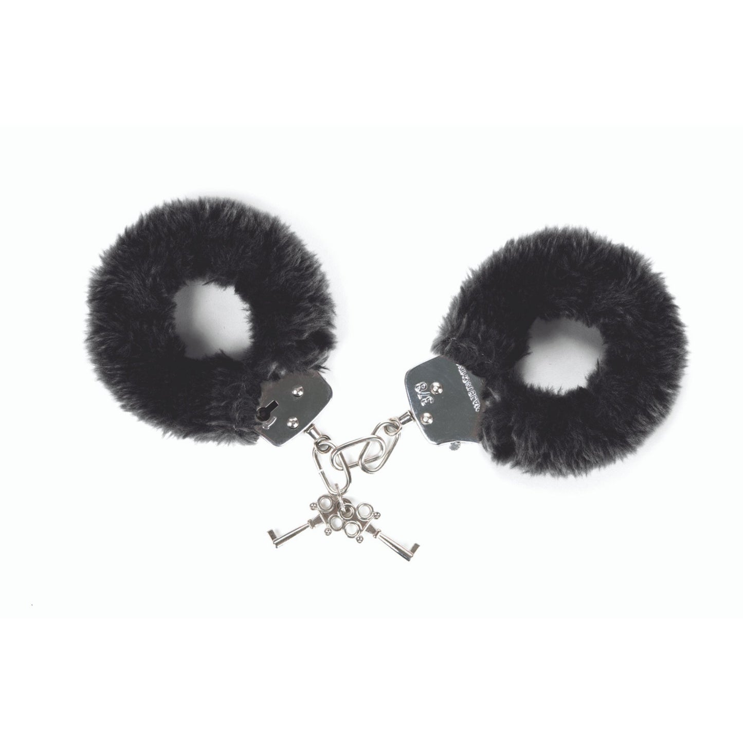 Black LOVE TO LOVE Attach Me Handcuffs with a soft, adjustable fit.