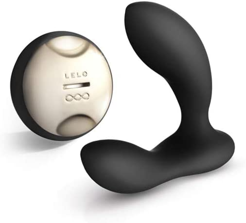 Black Lelo Hugo Prostate Massager with dual motors and remote control.