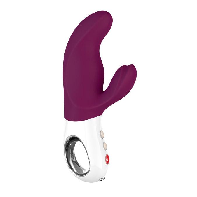 Pink Fun Factory Miss Bi Rabbit Vibrator with dual motors and a curved design.