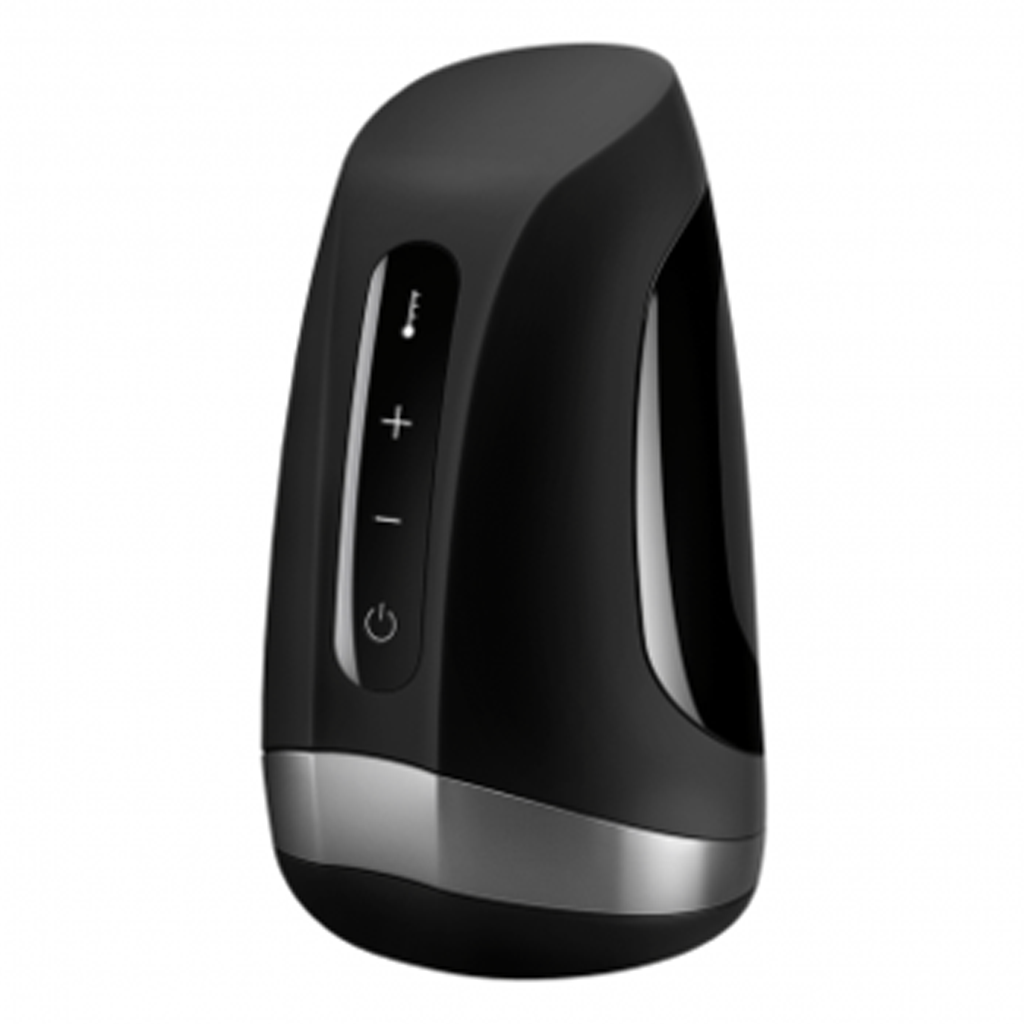 Black Satisfyer Men Heat Vibration Masturbator with warming and vibrating functions.