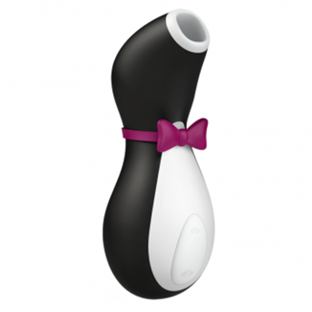 Black-and-white Satisfyer Penguin with a sleek, air-pulse design for clitoral stimulation.