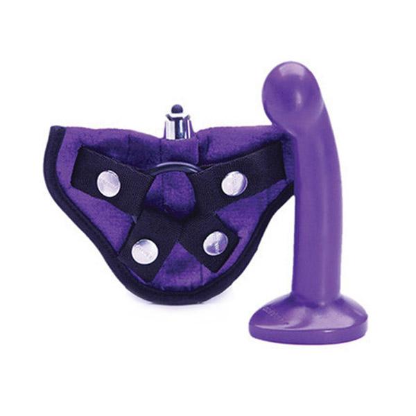 Midnight Purple Tantus Silicone Sport Harness Kit with a firm, contoured dildo.