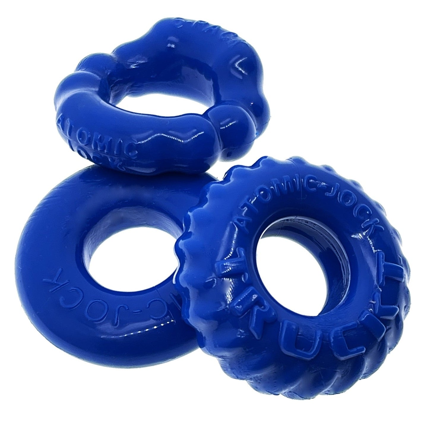 Black OXBALLS BONEMAKER 3-Pack of cock rings with varied sizes.