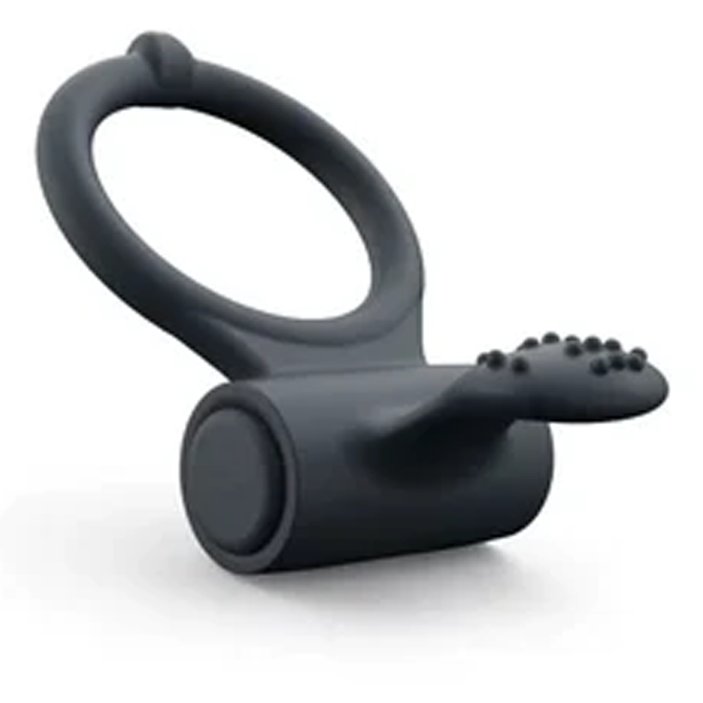 Black Dorcel Power Clit+ Vibrating Ring with a textured clitoral stimulator.