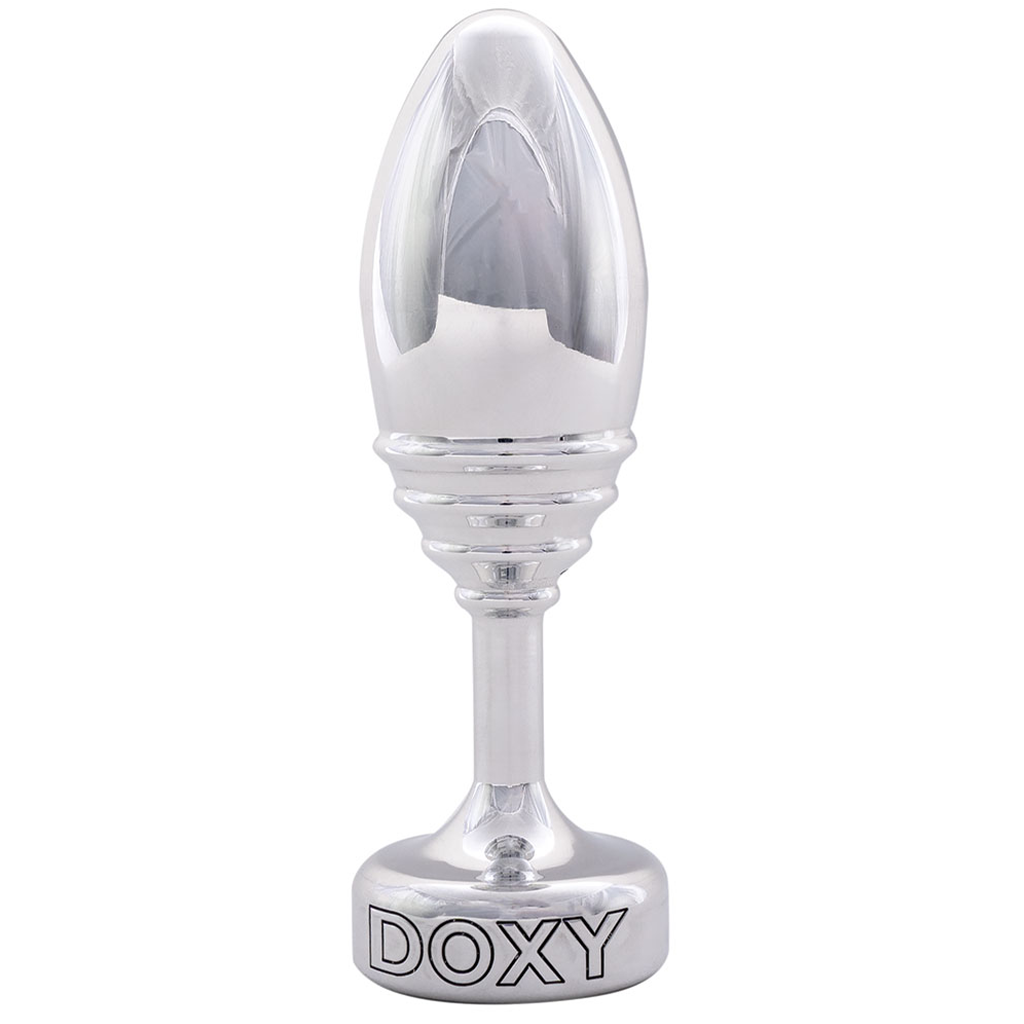 Ribbed DOXY Butt Plug in black silicone with a textured shaft for added stimulation.