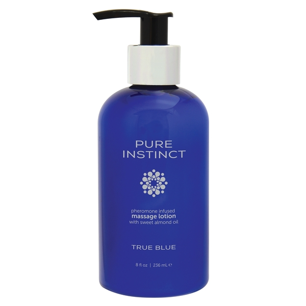 White Pure Instinct True Blue Pheromone Massage & Body Lotion with a sensual fragrance.