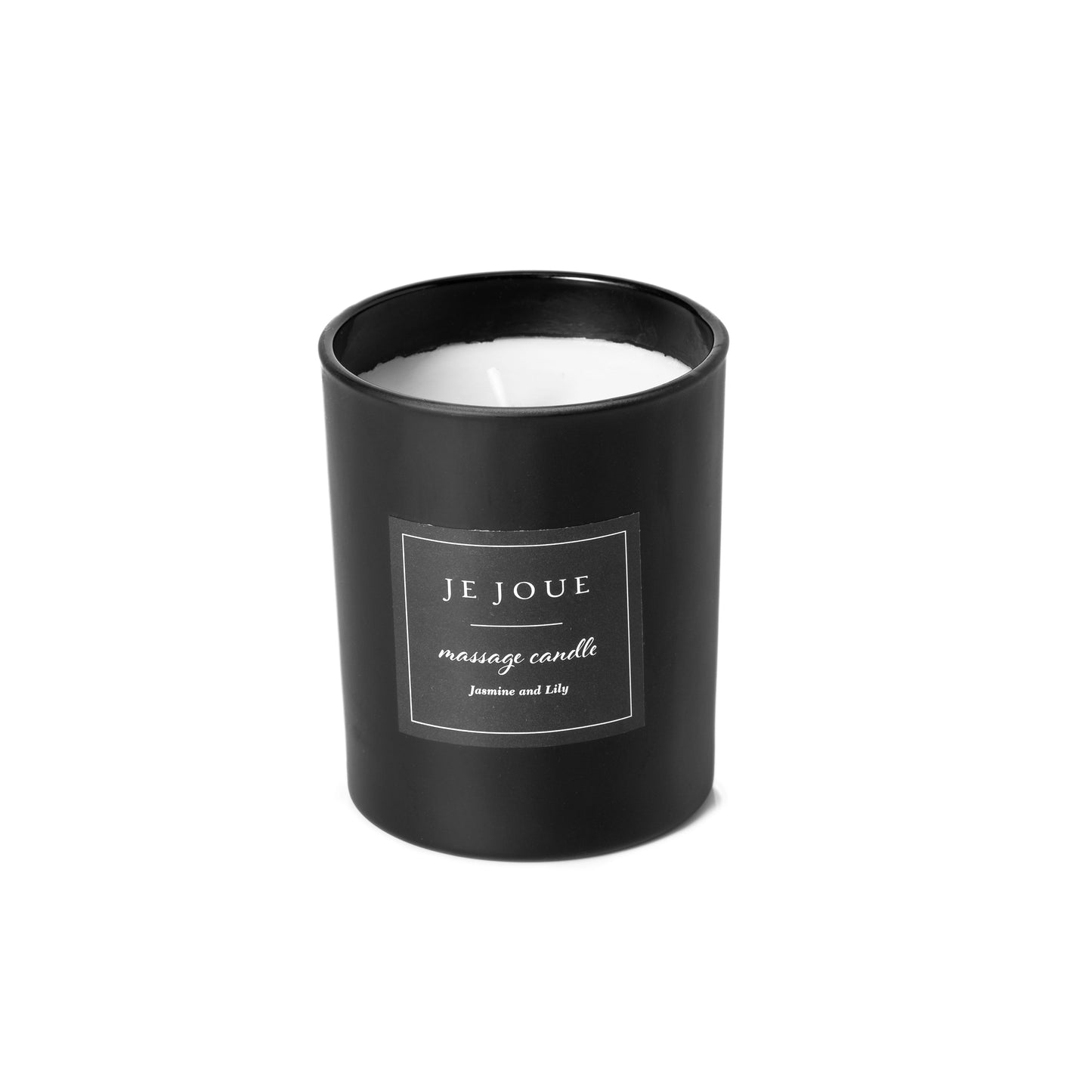 White Je Joue Luxury Massage Candle with a delicate Jasmine & Lily fragrance.