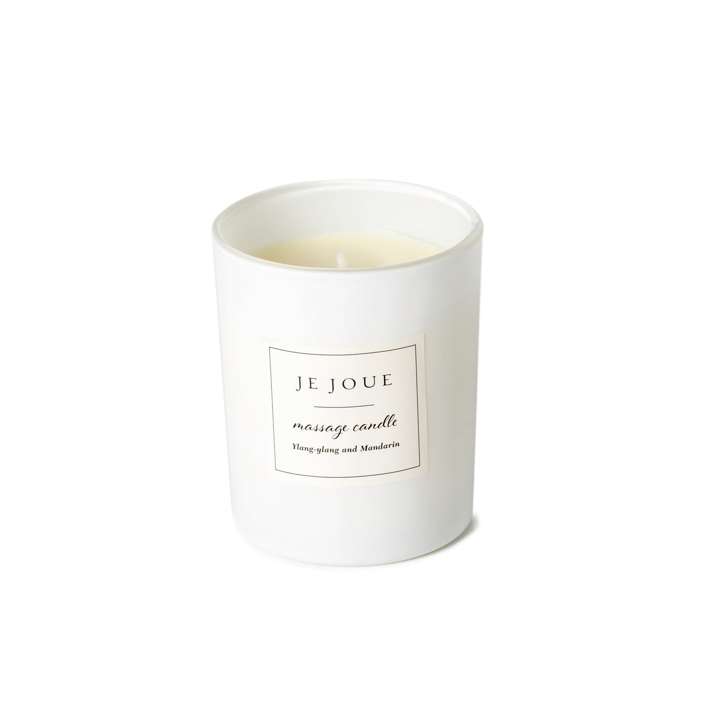 White Je Joue Luxury Massage Candle with a Ylang Ylang & Mandarin fragrance.