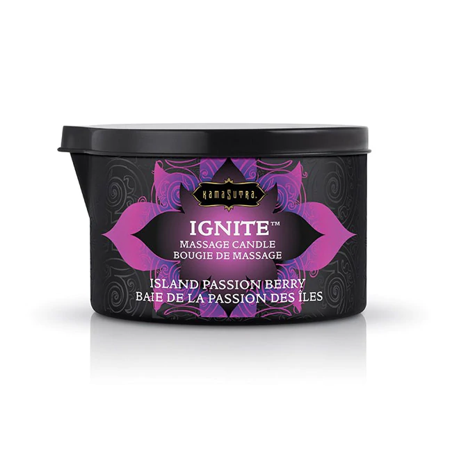 Red Kama Sutra Ignite Massage Oil Candle in Island Passion Berry scent.