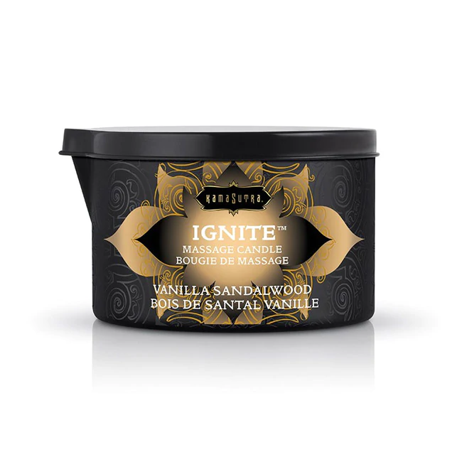 Red Kama Sutra Ignite Massage Oil Candle in Vanilla Sandalwood scent.