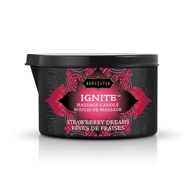 Red Kama Sutra Ignite Massage Oil Candle in Strawberry Dreams scent.