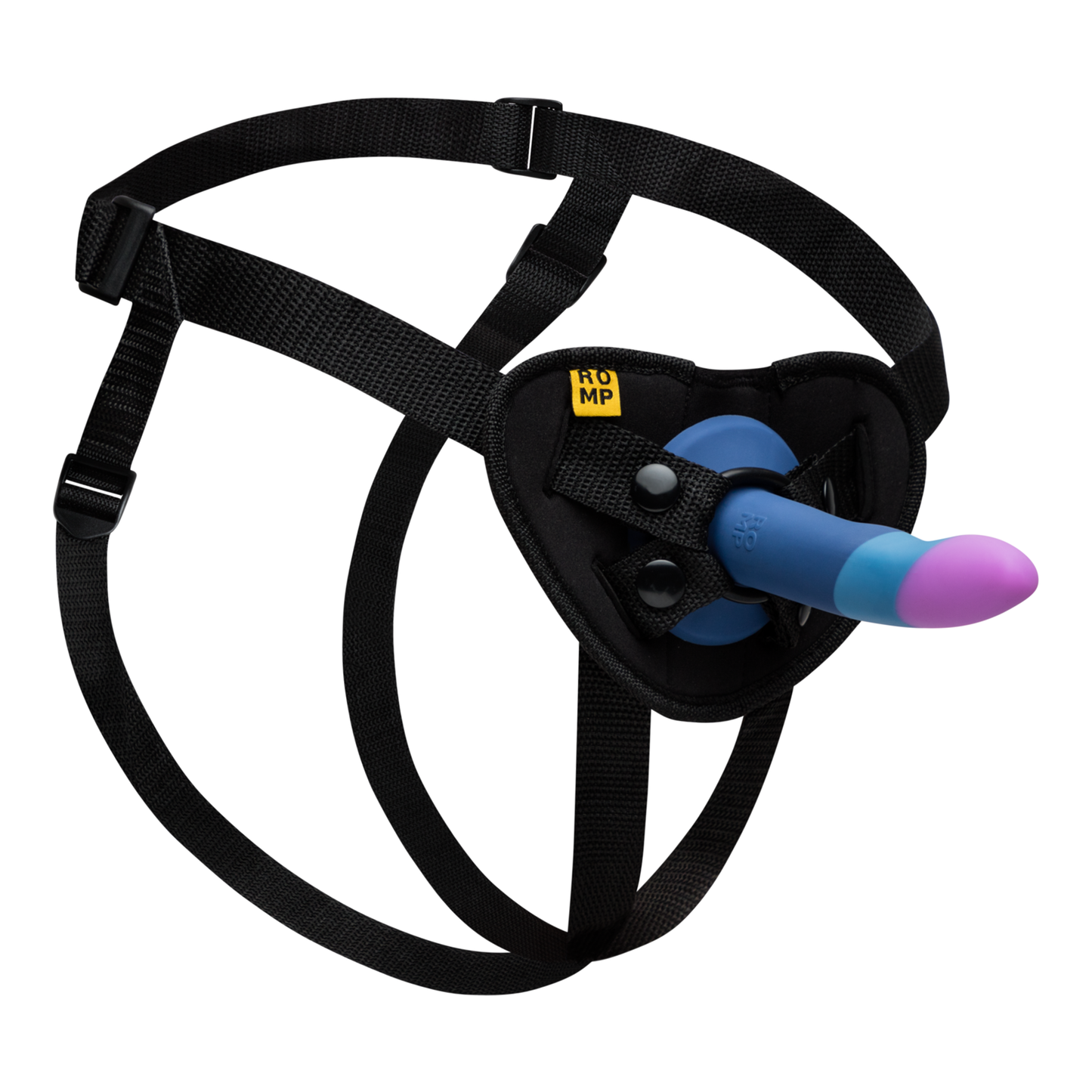 Black ROMP Piccolo Pegging Kit with an ergonomic, body-safe dildo and harness.