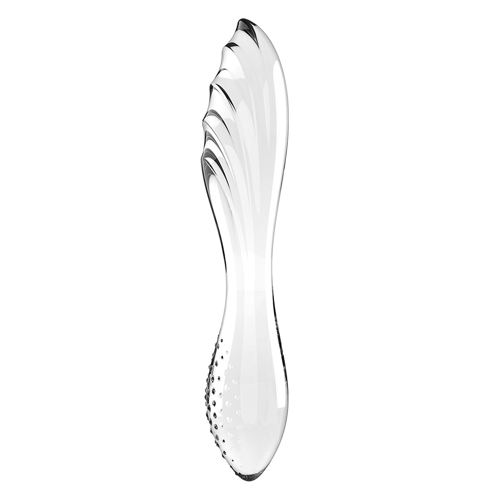 Clear Satisfyer Dazzling Crystal Glass Dildo with a textured, curved design.