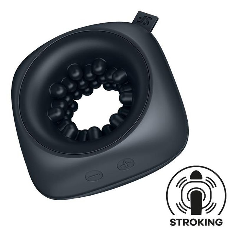 Black Satisfyer Ring Stroker with a flexible, ribbed design.