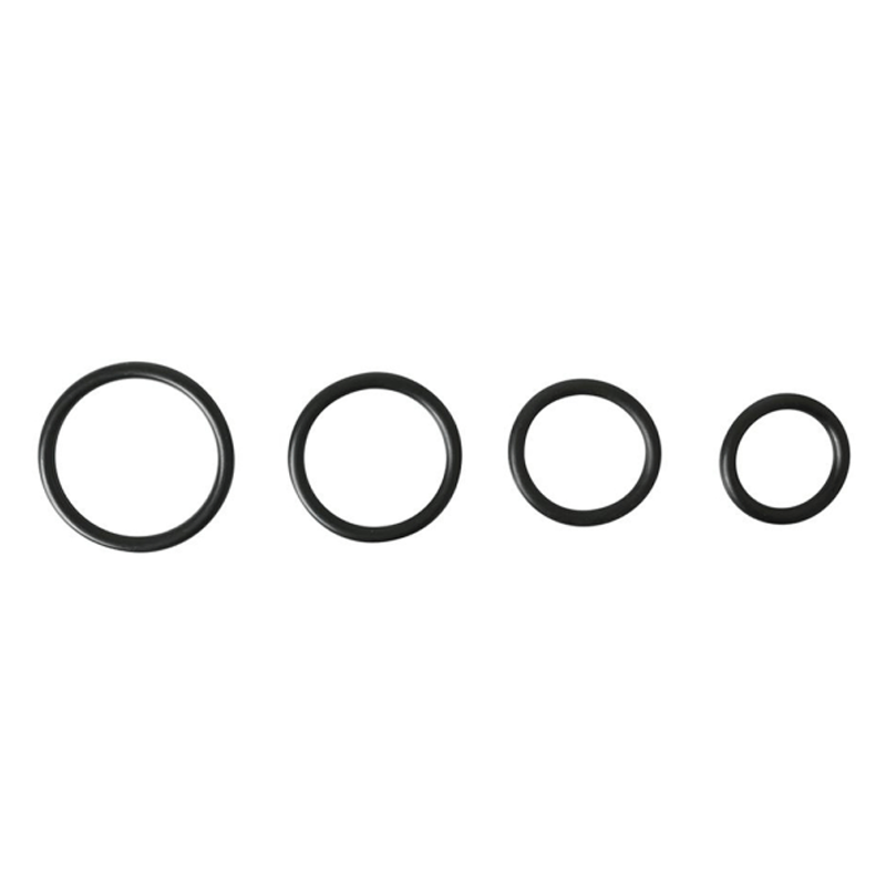 Black Sportsheets O-Rings Set with four assorted sizes for harness compatibility.