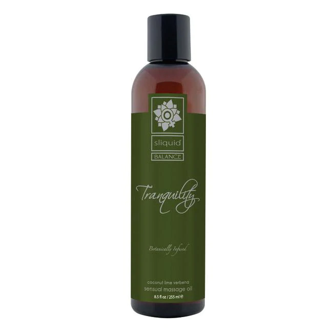 Clear Sliquid Tranquility Massage Oil in an 8.5oz bottle with calming essential oils.