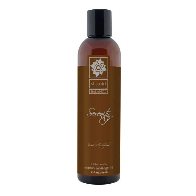 Clear Sliquid Serenity Massage Oil in an 8.5oz bottle with an organic, plant-based formula.