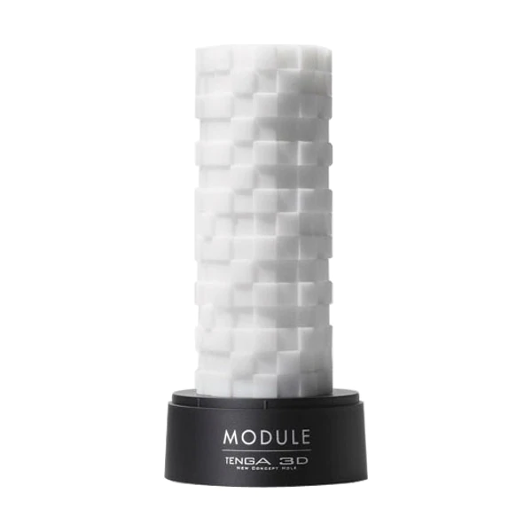 White Tenga 3D Module Male Masturbator with a block-patterned textured interior.