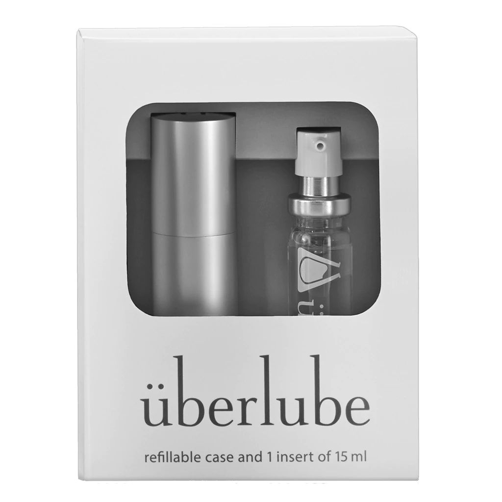 Clear Überlube Good-To-Go Traveler with a portable, travel-sized silicone lube dispenser.