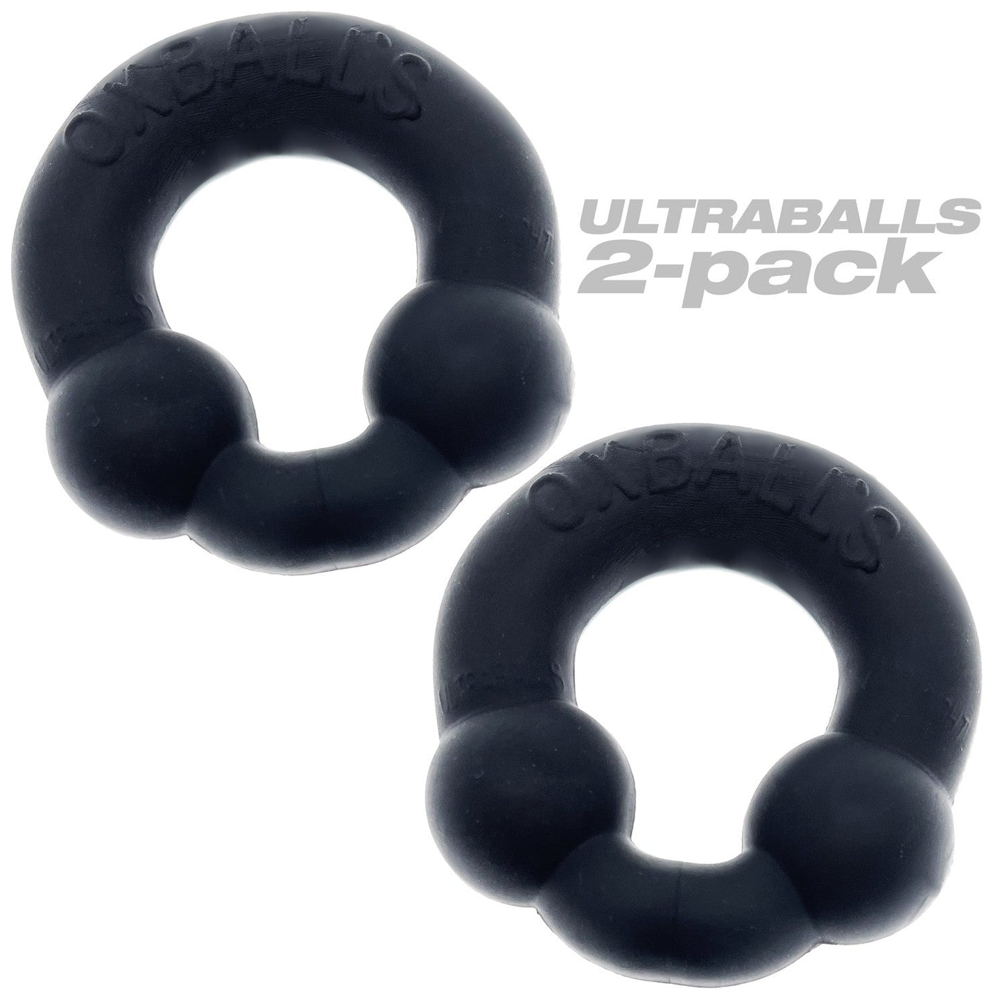 Black OXBALLS ULTRABALLS 2-pack of PLUS+SILICONE cock rings with a stretchable design.
