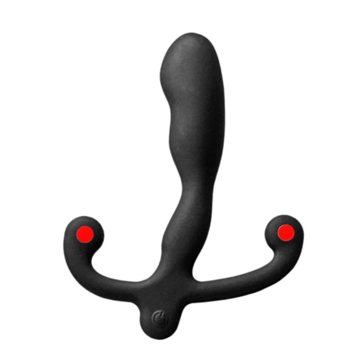 Black Aneros Helix Syn V Vibrating Prostate Massager with a curved ergonomic design.