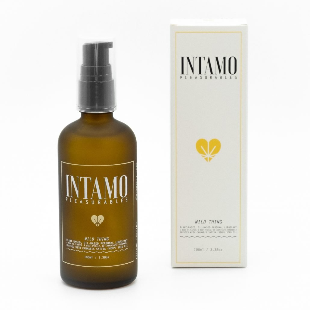 Clear Intamo Wild Thing Oil-Based Lube in a sleek, premium bottle.
