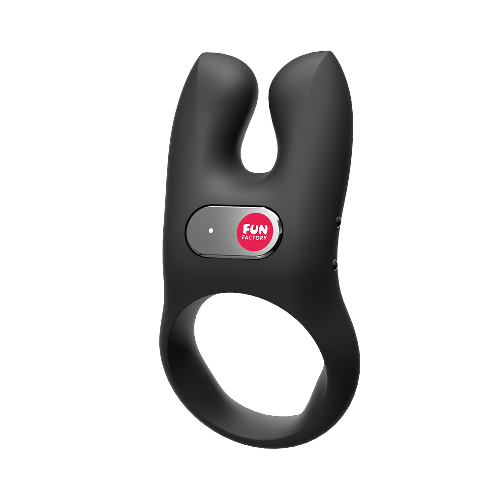 Black Fun Factory NŌS Vibrating Ring with a flexible, dual-motor design.