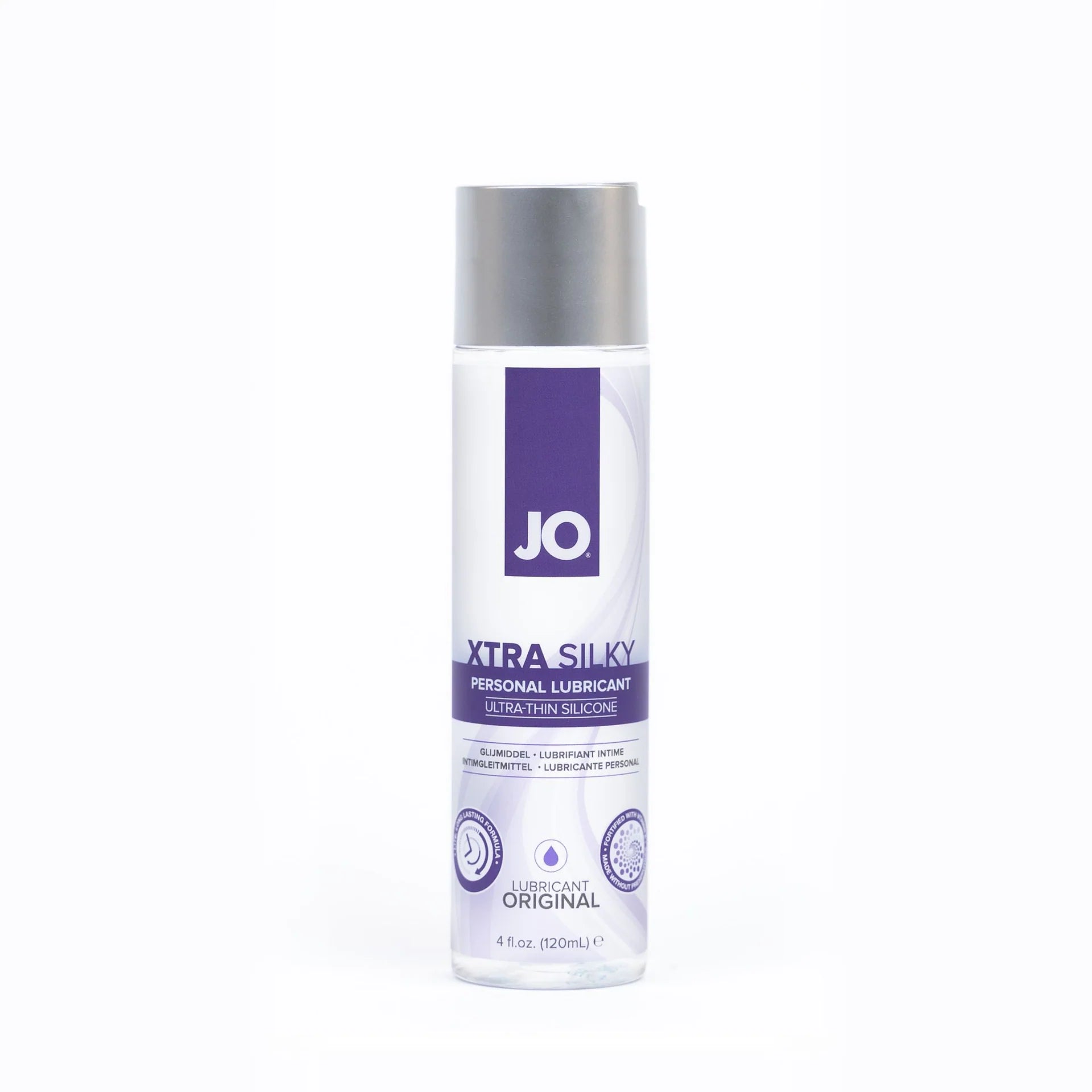 Clear JO XTRA SILKY Silicone Lubricant with a featherlight, soft-touch texture.