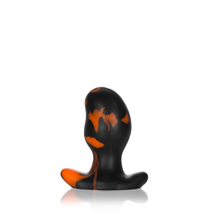 Small OXBALLS Ergo Buttplug in black and orange swirl silicone with a flexible design.