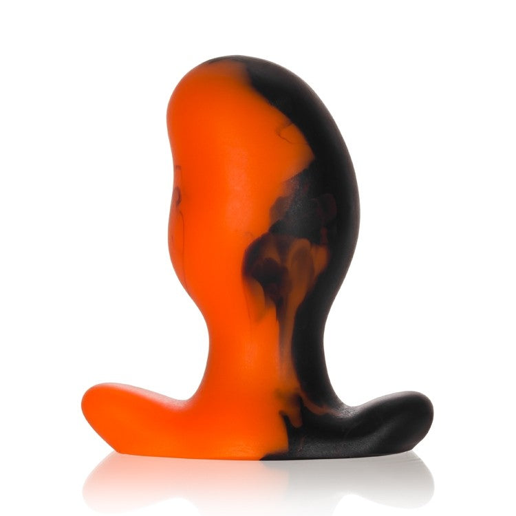Extra-large OXBALLS Ergo Buttplug in black and orange swirl silicone with an ergonomic design.